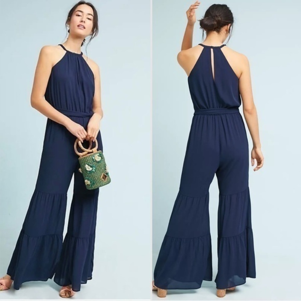 Greylin for Anthropologie Tiered Wide Leg Jumpsuit in Navy NEW with tags